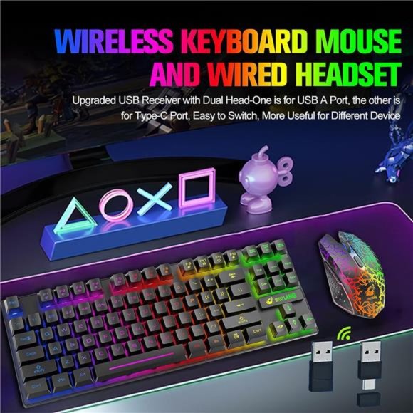 Wireless Gaming Keyboard and Mouse Combo with 87 Key Rainbow LED Backlight - Picture 2 of 7